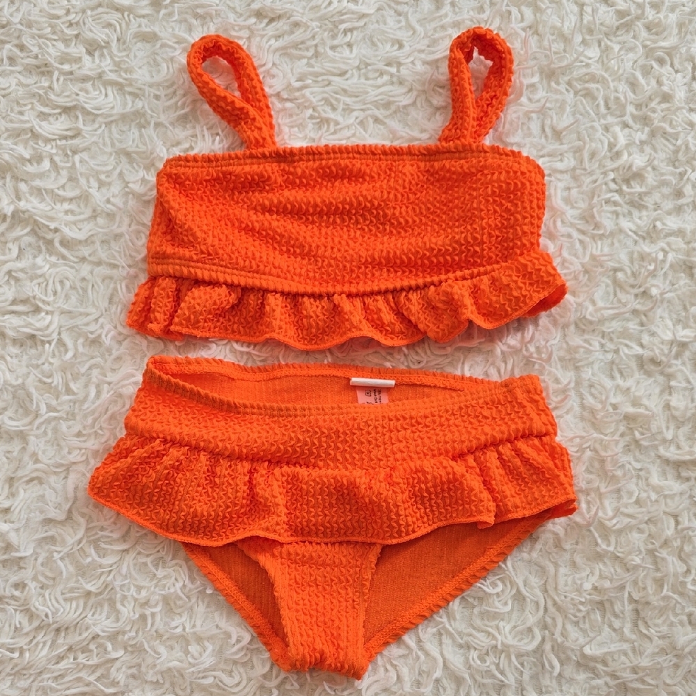 SHEIN Orange Ruffle Textured Two-Piece Swim Set - Kids